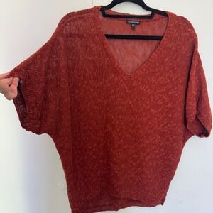 Eileen Fisher Womens Linen Blend V-Neck Short Sleeve Sweater Rust Orange Small